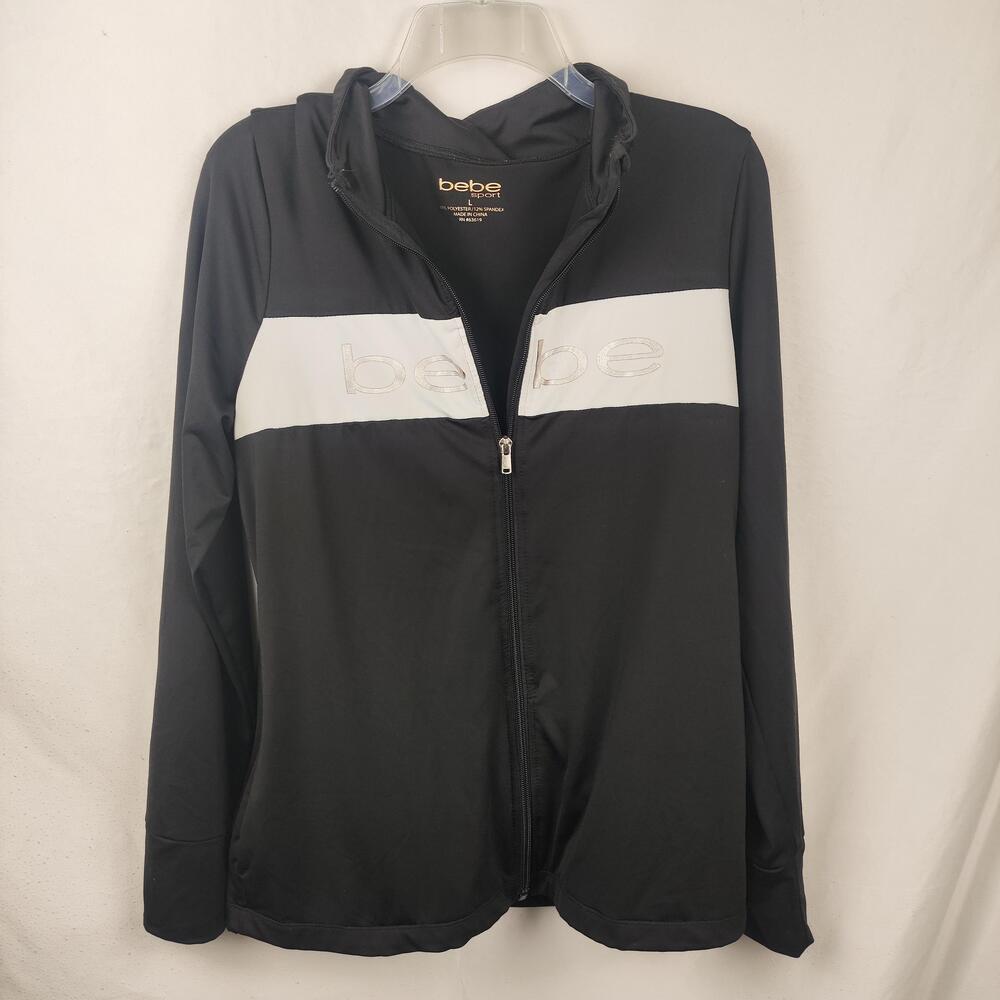 Bebe Sport Jacket Womens Large Black White Hooded Full Zip Track Logo Colorblock
